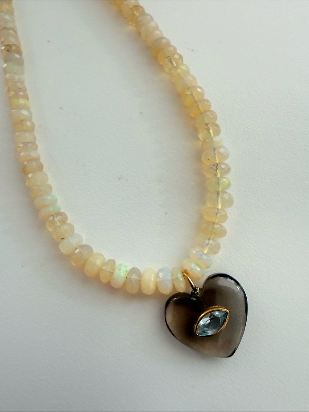 Opal Bead Necklace with Smoky Quartz Heart